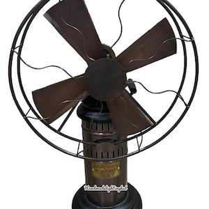 May include: A vintage-style electric fan with four brown blades and a protective cage. The fan has a dark bronze finish and a round base. The text "Handmade lighting hub" is visible on the base.