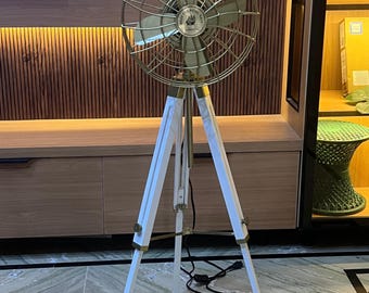 Nautical Brass & Black Tripod Floor Fan Retro Industrial Style, Adjustable Height