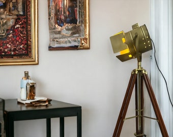 Nautical Industrial Floor Lamp Searchlight Spotlight on Tripod Studio & Cinema Inspired Standing Light