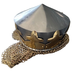 May include: A silver metal helmet with a conical top and a gold chainmail coif. The helmet has a gold band with decorative leaf-shaped accents.