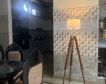 Tripod Floor Lamp  Wooden, Adjustable Industrial  Mid-Century Modern Lighting