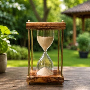 Puede incluir: Un reloj de arena con un bulbo de vidrio transparente lleno de arena beige, sostenido por un marco de madera pulida con un veteado distintivo y cuatro pilares metálicos delgados de tono dorado que unen las bases cuadradas.