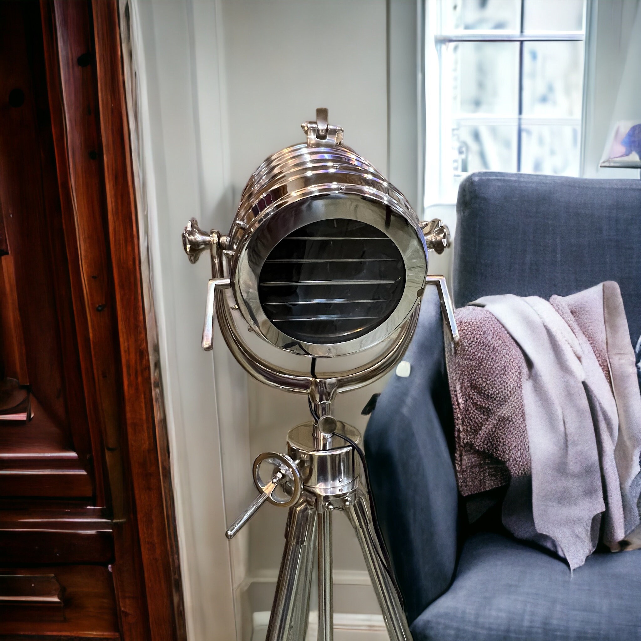 Chrome Spotlight Tripod Floor Lamp: Nautical Industrial Home Decor