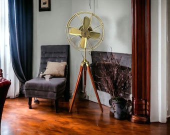 Brass Tripod Floor Fan: Nautical Retro Industrial Decor