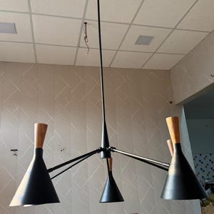 Mid Century Modern Brass Sputnik Chandelier – Black 5 Light Ceiling Fixture – Italian Minimalist Lighting