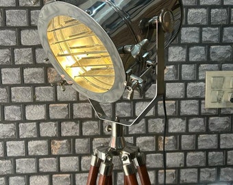 Industrial Chrome Searchlight Floor Lamp: Nautical Wood Tripod Spotlight