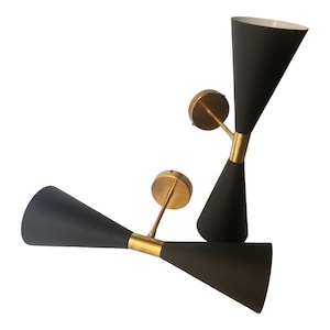 Mid-Century Modern Italian Diabolo Sconce Pair Black & Brass Double Cone Wall Light Bedroom, Living Room, or Hallway Elegant MCM Lighting