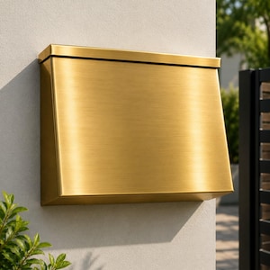 May include: A wall-mounted mailbox with a brushed gold finish and a rectangular shape. The mailbox features a flat top lid and a slanted front panel, creating a sleek, modern profile. The metallic surface reflects light, highlighting the horizontal grain.