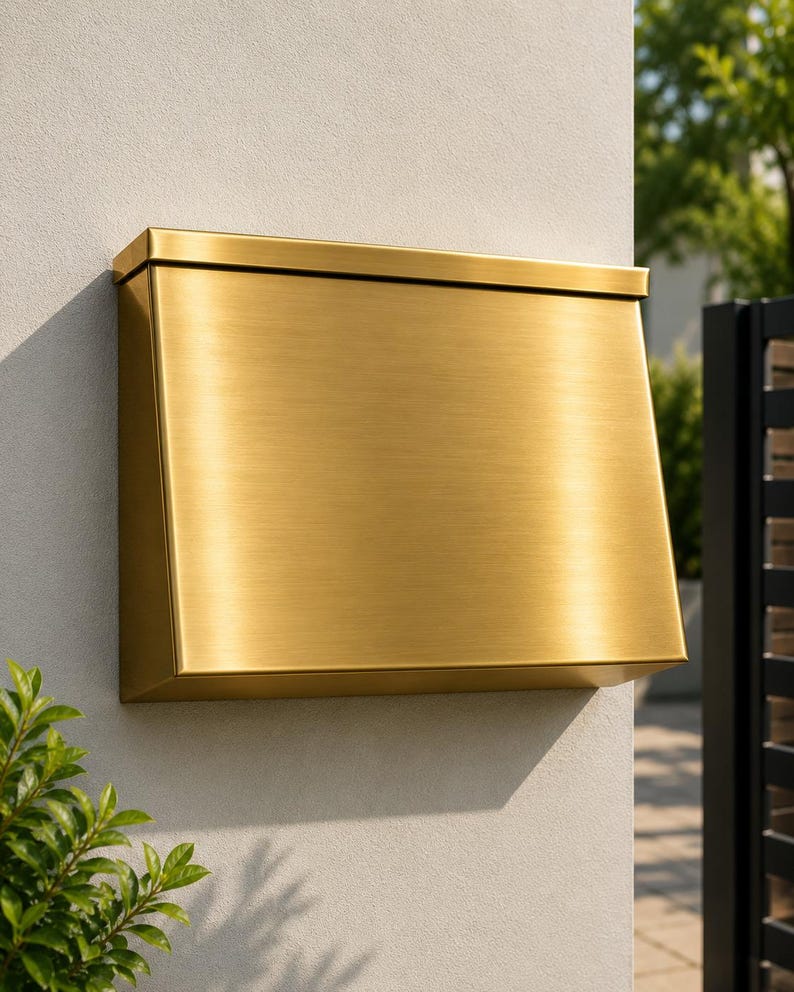 May include: A wall-mounted mailbox with a brushed gold finish and a rectangular shape. The mailbox features a flat top lid and a slanted front panel, creating a sleek, modern profile. The metallic surface reflects light, highlighting the horizontal grain.