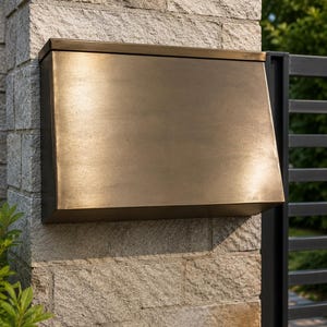 May include: A rectangular wall-mounted mailbox with a smooth brown finish. The mailbox features a slanted front panel and a top lid. A white rectangular label with the black text BROWN FINISH is positioned above the mailbox on the stone wall.