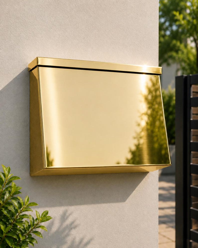May include: A rectangular wall-mounted mailbox with a polished gold-tone metallic finish. The mailbox features a slanted front panel that reflects the surrounding environment and a flat top lid, securely attached to a light-colored exterior wall surface.
