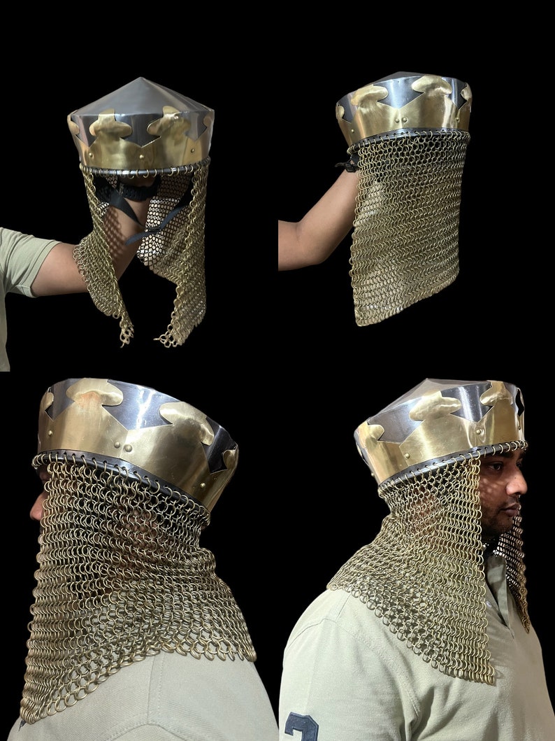 May include: A medieval helmet with a chainmail coif. The helmet is made of steel and has a brass crown. The coif is made of interlocking metal rings.