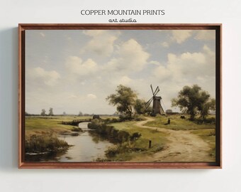 May include: A painting of a windmill in a rural landscape. The windmill is brown and white with a wooden frame and a gray roof. The windmill is surrounded by green grass and trees. There is a small stream in the foreground of the painting.