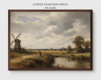 May include: A painting of a rural landscape with a windmill in the foreground. The windmill is made of wood and has a white sail. There is a river in the foreground and a field of grass in the background. The sky is cloudy and blue.