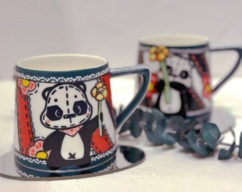handmade panda holding flower mug, cute panda flower handmade mug with handle, panda with lace and flower cup
