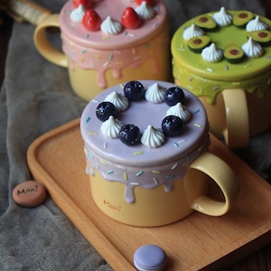 Handmade Dessert Mug with Lid, Cake Design, Fruit Toppings