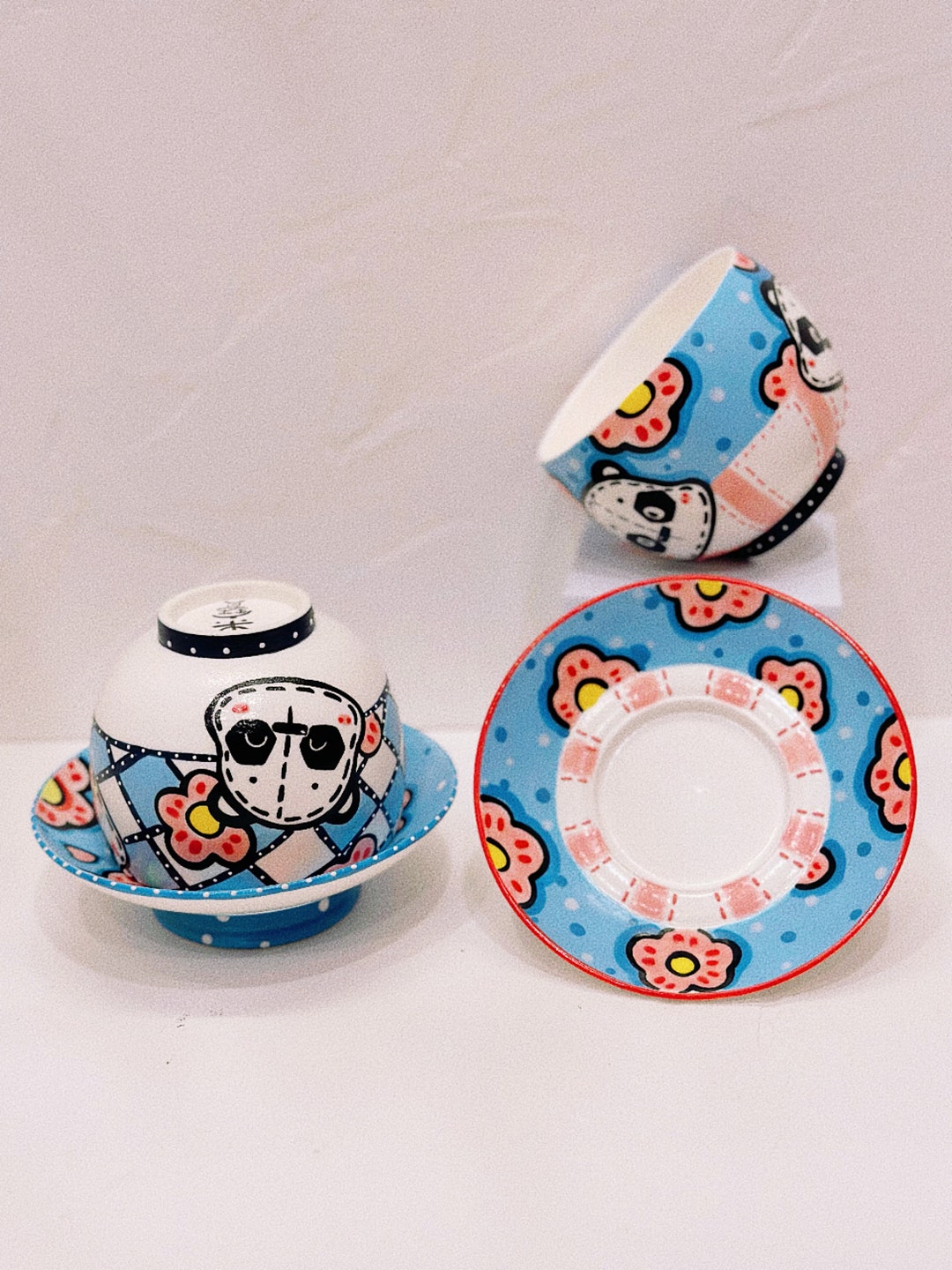 Handmade Panda Teacup With Saucer: Blue & Pink Flower Cup - Etsy