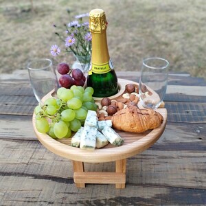 Wine Stand, Natural Wine Table, Outdoor Wine Table, Wine Lover Gift, Round Wine Table, Wooden Table, Camping Table, Patio Table, Portable Wine Table, Mini Wine Table, New Home Gift, Birthday Gift, Wine Gift