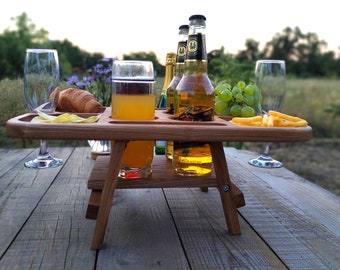 Wooden Beer Holder, Portable Drink Beer Table, Folding Picnic