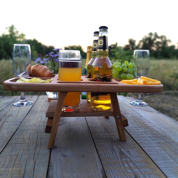 Wooden Beer Holder, Portable Drink Beer Table, Folding Picnic