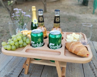 Wooden Beer Holder, Portable Drink Beer Table, Folding Picnic