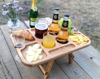 Wooden Beer Holder, Portable Drink Beer Table, Folding Picnic