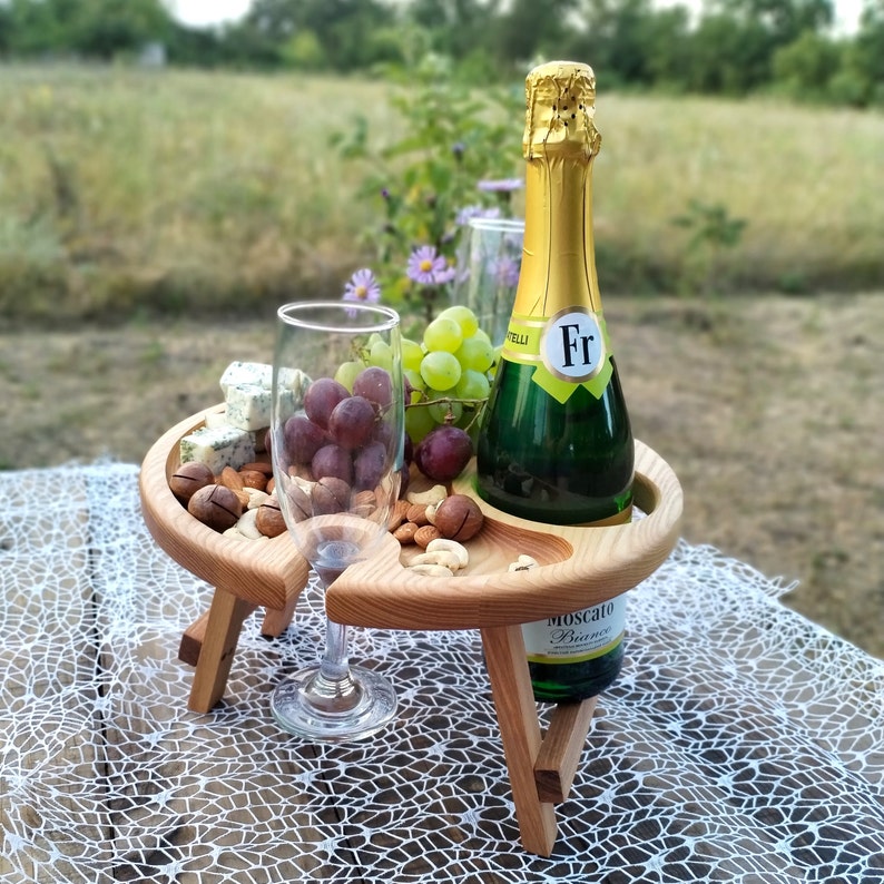 Wine Stand, Natural Wine Table, Outdoor Wine Table, Wine Lover Gift, Round Wine Table, Wooden Table, Camping Table, Patio Table, Portable Wine Table, Mini Wine Table, New Home Gift, Birthday Gift, Wine Gift