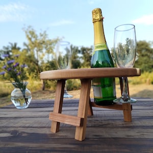 Wine Stand, Natural Wine Table, Outdoor Wine Table, Wine Lover Gift, Round Wine Table, Wooden Table, Camping Table, Patio Table, Portable Wine Table, Mini Wine Table, New Home Gift, Birthday Gift, Wine Gift