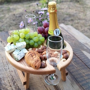 Wine Stand, Natural Wine Table, Outdoor Wine Table, Wine Lover Gift, Round Wine Table, Wooden Table, Camping Table, Patio Table, Portable Wine Table, Mini Wine Table, New Home Gift, Birthday Gift, Wine Gift