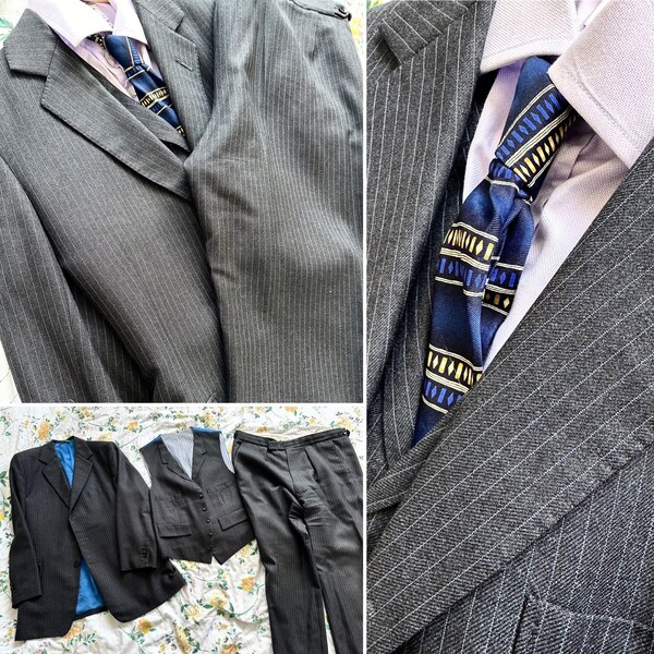 Superb 80s Vintage 3 Piece Suit | Pinstriped, Wool, Pleated Trousers | VINTAGE!!! | Bespoke | 38S