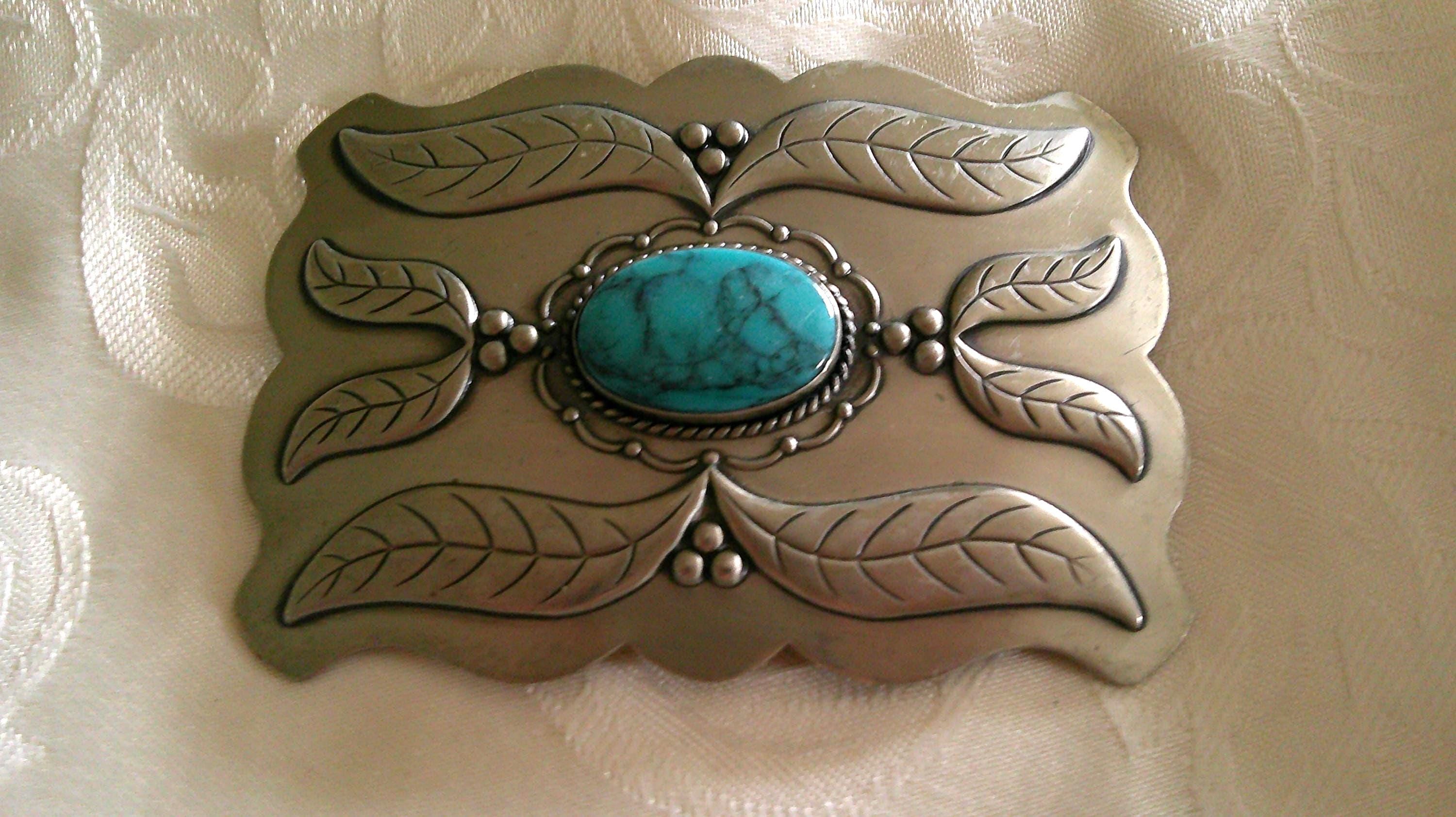 VTG Authentic Nickel Silver Bell Buckle Marbled Turqoise Western Southwestern Silver Turquoise Belt Buckle In Collectible Western  main image 4