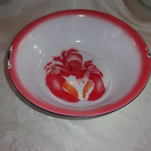 Vintage White & Red Lobster Enamelware Serving Bowl  12&quot;