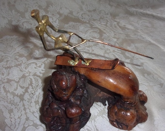 Vintage 1970s Mid Century Brutalist Metal Water Skiing Sculpture Signed Lin