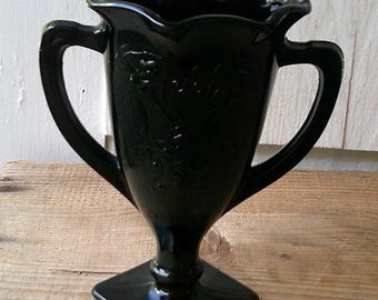 Vintage L.E. Smith Black Amethyst Trophy Vase Dancing Nymphs 7
