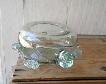 Terrario de tortuga de vidrio vintage, soplado a mano en tono verde.