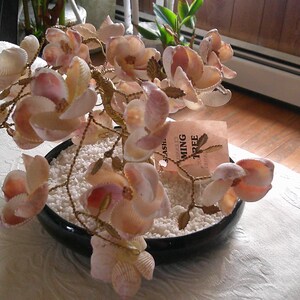 Puede incluir: Un árbol bonsái de conchas de mar rosa y blanco en una maceta negra con arena blanca. El árbol está decorado con un cartel rosa que dice "Seashell Tree".