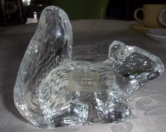 Vintage Viking Art Glass Clear SQUIRREL Figurine Paperweight Original Sticker