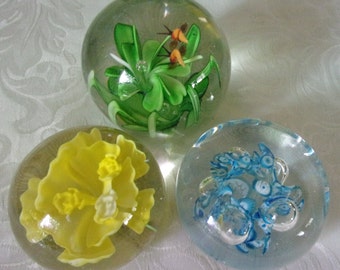 Art Glass Paperweights Lot of 3 Colorful All Different Blue, Green, Yellow