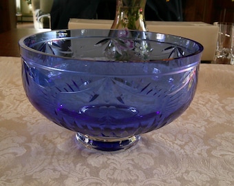 Reed & Barton ~ Miller Rogaska Cobalt Blue Cut Crystal Bowl 7 3/4" Clear Base