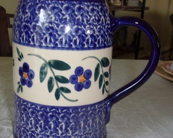 Vintage Deutscher Keramik Bierkrug Blau Floral 17,5 cm Made in Germany