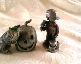 Hudson Pewter Walli Ortman Girl W/ Pumpkin & Boy Painter Signed