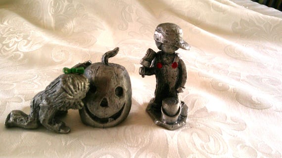 Hudson Pewter Walli Ortman Girl W/ Pumpkin & Boy Painter Signed
