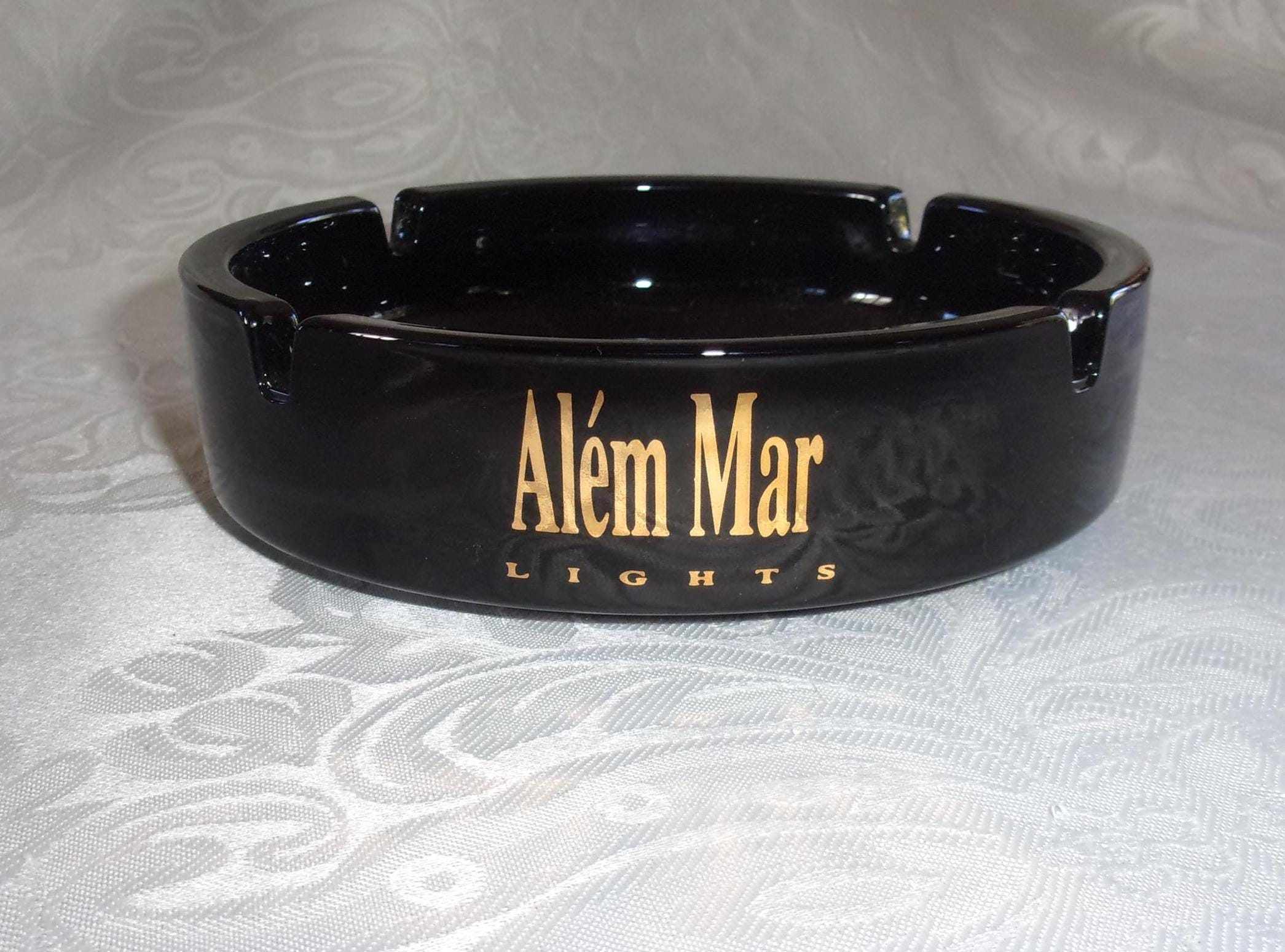 Vintage Ashtray Black Glass ALEM MAR LIGHTS Cigarettes Portugal 5 3/4