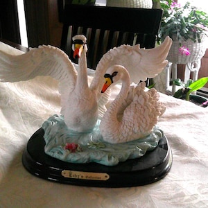 Ruby's Collection Decorative Swans Open Wings Wood Base 1996