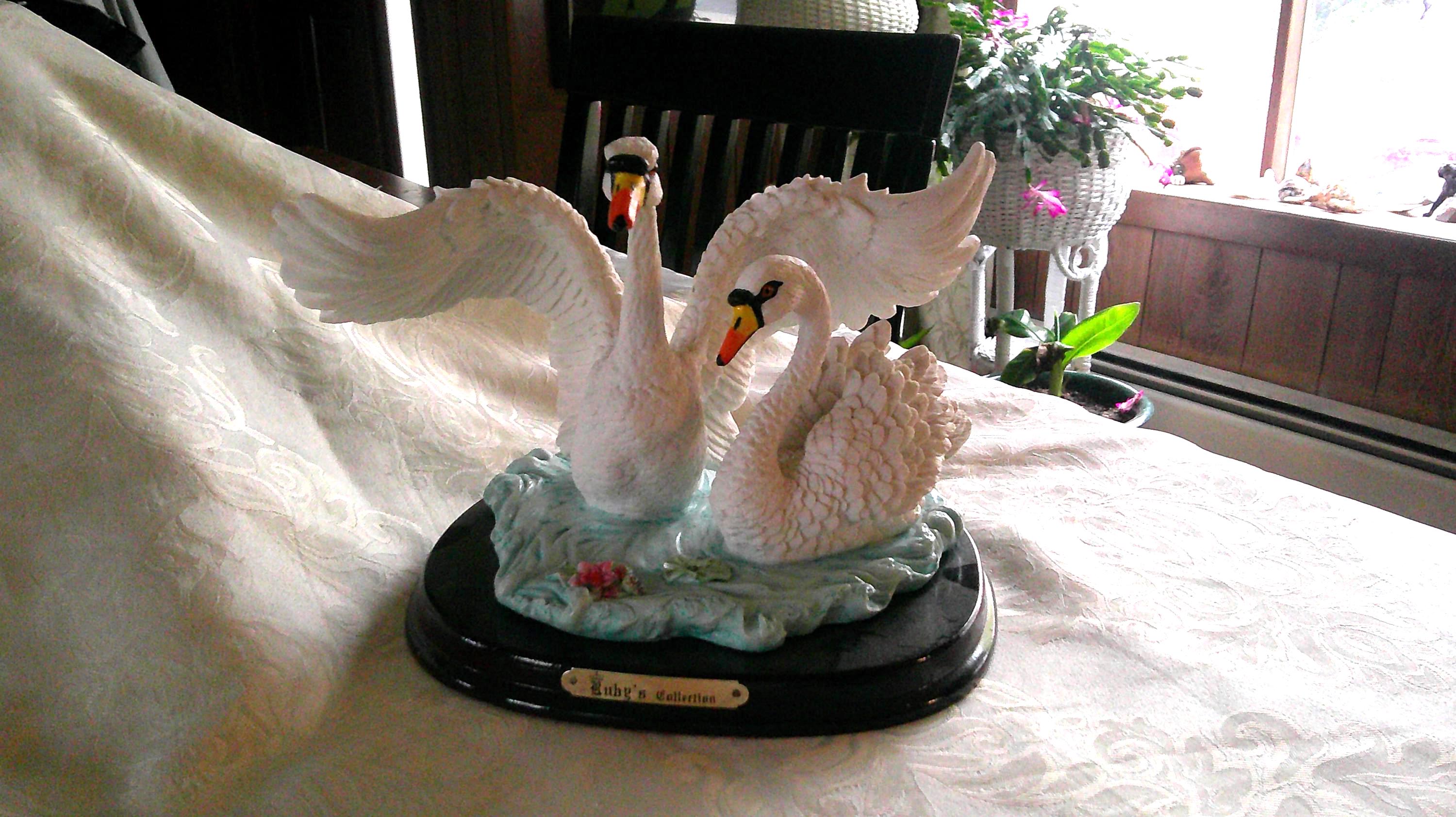 Ruby's Collection Decorative Swans Open Wings Wood Base 1996