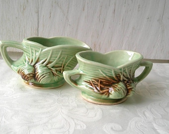 Vintage 1940's McCoy Art Pottery Pine Cone Pattern Open Sugar and Creamer