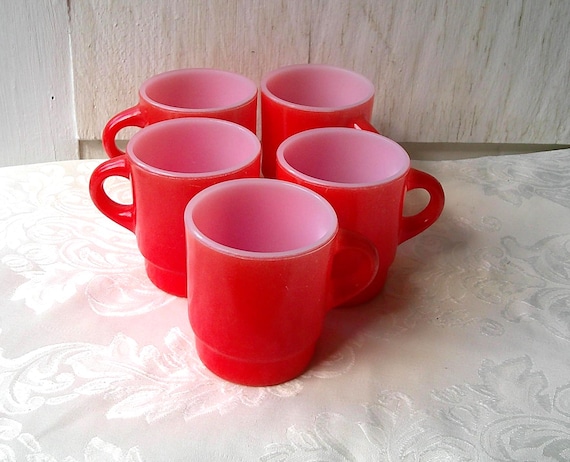 Fire King Orange Stackable Coffee Mugs Set of 5 Anchor Hocking 3 1/2" White  Core