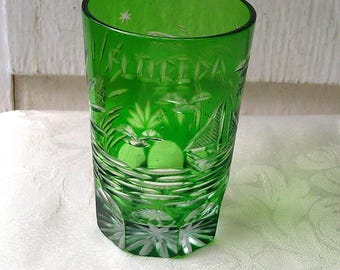 Vaso de chupito bohemio verde esmeralda tallado en cristal, recuerdo de Florida