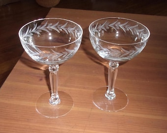 Vintage FOSTORIA HOLLY Pattern Etched Cocktail Champagne Desert Stems Set of 2