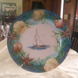 Nautical Hand Painted Sailboat Seashells Large Plate Artist Signed 13 3/4&quot;